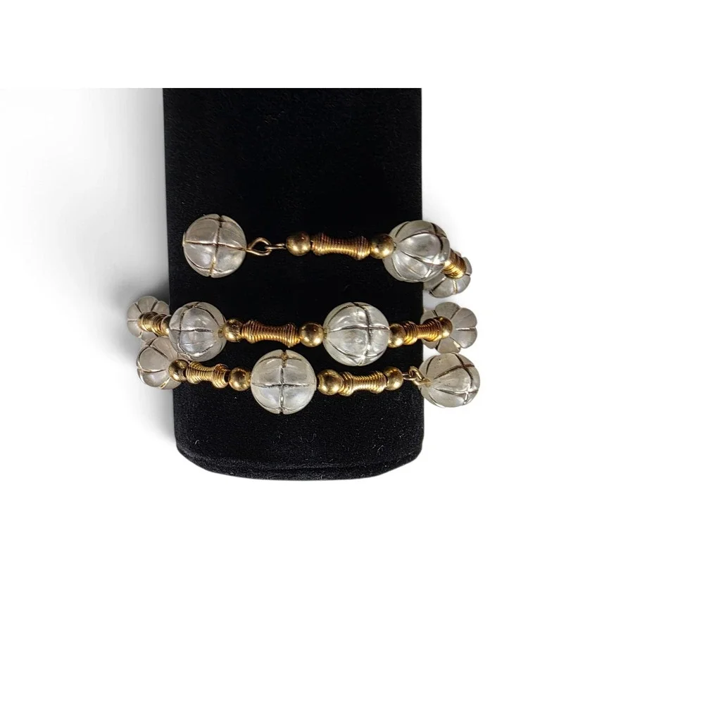 Vintage Clear Melon Cut Lucite Multi Strand Coil Wrap Bracelet Gold Tone Retro